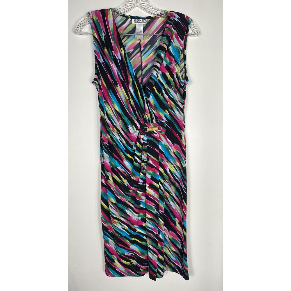 Robbie Bee dress Women's Sz Small V Neck  Multicolored Bamboo/silver Tone Accent